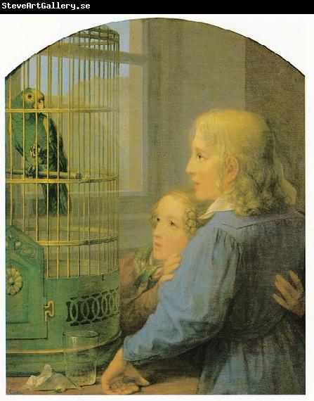 Georg Friedrich Kersting Zwei Kinder vor einem Papageienbauer